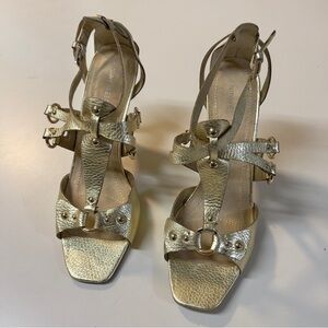 Nine West Metallic Gold Leather Upper high Heels straps Sandals shoes Size 10